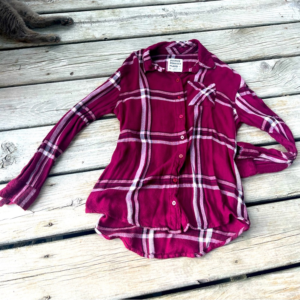 Justice “Perfect Plaid” Girls' Maroon Red Flannel Soft Button-Up Shirt Sz 12
